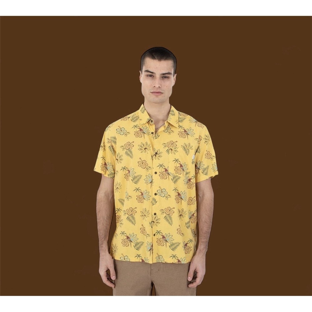 Hurley Mens Floral Parrot Hawaiian Short Sleeve Collar Yellow Button Up Shirt L